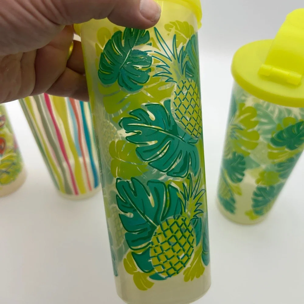 Tupperware 16oz Tumbler Set / 4 Tropical Flamingo Pineapple Stripes Flip-Top Lid